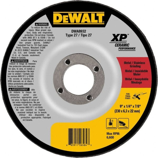 DeWALT - 24 Grit, 9" Wheel Diam, 7/8" Arbor Hole, Type 27 Depressed Center Wheel - Coarse/Medium Grade, Ceramic, N Hardness, 6,600 Max RPM - Exact Tooling