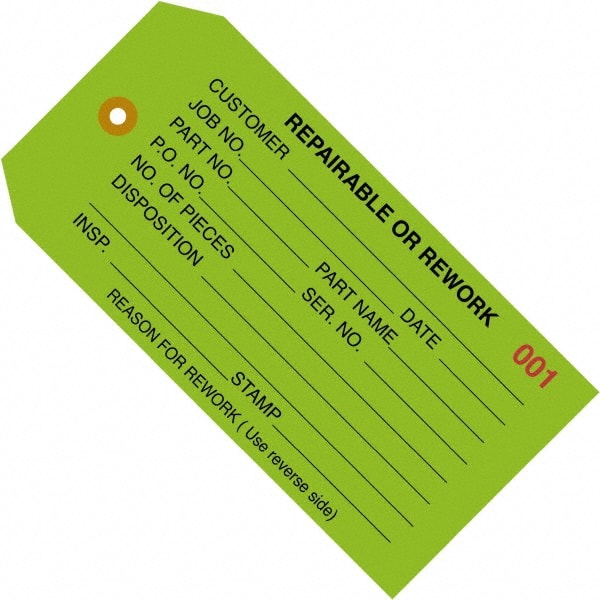 Made in USA - 4-3/4" High x 2-3/8" Long, REPAIRABLE OR REWORK, English Safety & Facility Inspection Tag - Green Cardstock - Exact Tooling