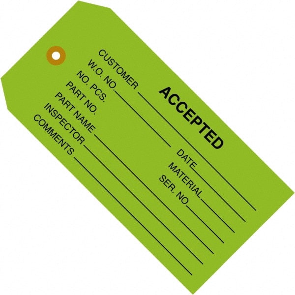 Made in USA - 4-3/4" High x 2-3/8" Long, ACCEPTED, English Safety & Facility Inspection Tag - Green Cardstock - Exact Tooling