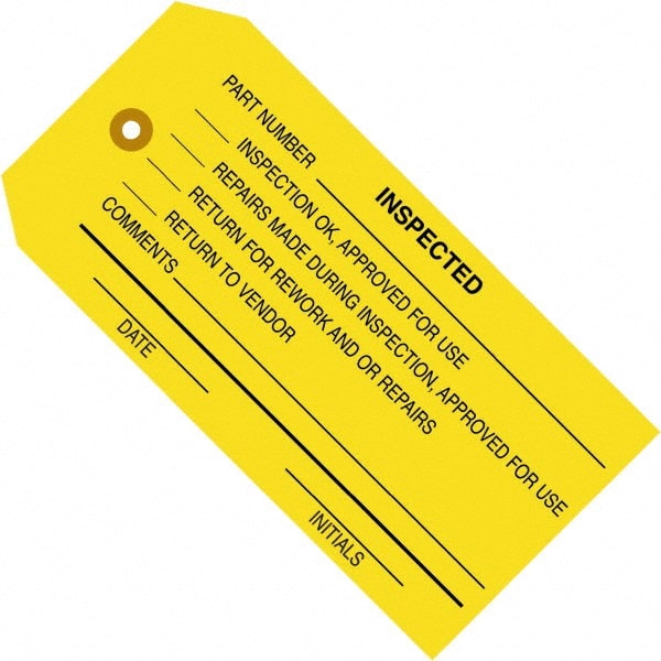 Made in USA - 4-3/4" High x 2-3/8" Long, Inspected, English Safety & Facility Inspection Tag - Yellow Cardstock - Exact Tooling