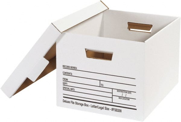 Made in USA - 1 Compartment, 12" Wide x 15" Deep, File Storage Boxes - Corrugated Cardboard, White - Exact Tooling