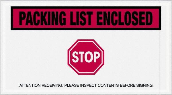 Value Collection - 1,000 Piece, 5-1/2" Long x 10" Wide, Packing List Envelope - Packing List Enclosed - Stop, Red - Exact Tooling