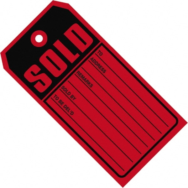 Made in USA - 4-3/4" High x 2-3/8" Long, Sold, English Safety & Facility Retail Tag - Red & Black Cardstock - Exact Tooling