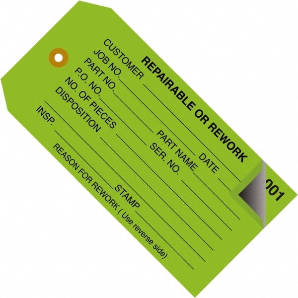 Made in USA - 4-3/4" High x 2-3/8" Long, REPAIRABLE OR REWORK, English Safety & Facility Inspection Tag - Green Cardstock - Exact Tooling