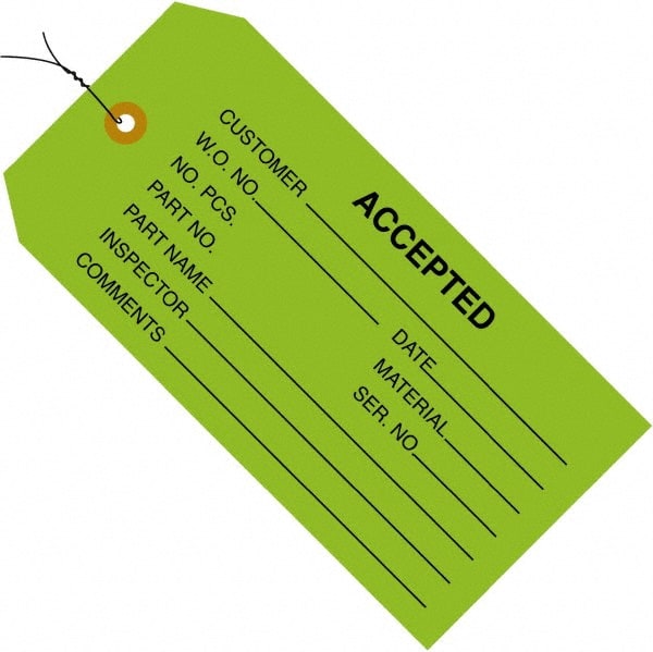 Made in USA - 4-3/4" High x 2-3/8" Long, ACCEPTED, English Safety & Facility Inspection Tag - Green Cardstock - Exact Tooling