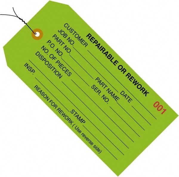 Made in USA - 4-3/4" High x 2-3/8" Long, REPAIRABLE OR REWORK, English Safety & Facility Inspection Tag - Green Cardstock - Exact Tooling