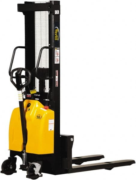 Vestil - 2,000 Lb Capacity, 118" Lift Height, Battery Powered Stacker - 3-3/8" Lowered Height, 42" Fork Length, 26-3/4" Overall Width - Exact Tooling