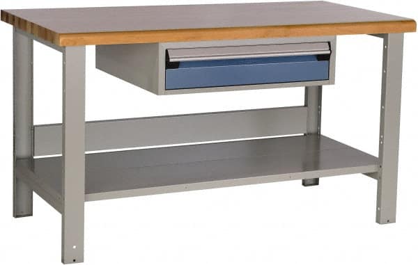 Rousseau Metal - 1 Drawer, 2 Shelf Workstation - 2,750 Lb Capacity, Wood Top, Everest Blue, 48" Wide x 34" High x 30" Long - Exact Tooling