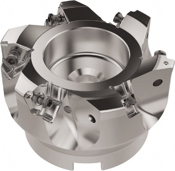 Seco - 80mm Cut Diam, 27mm Arbor Hole, 6.96mm Max Depth of Cut, 92° Indexable Chamfer & Angle Face Mill - 6 Inserts, XNEX080816 Insert, Right Hand Cut, 6 Flutes, Through Coolant, Series R220.79 - Exact Tooling