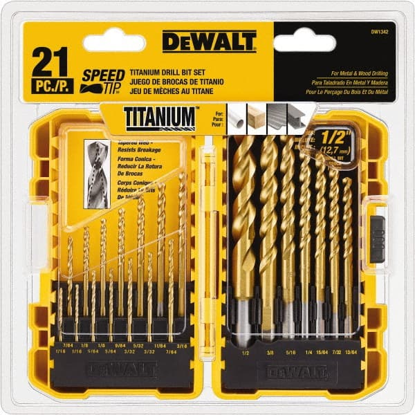 DeWALT - 1/16 to 1/2", 135° Point, TiN Finish, High Speed Steel Jobber Length Drill Bit Set - Exact Tooling