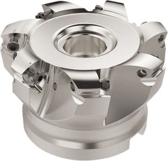 Seco - 7 Inserts, 63.6mm Cutter Diam, 1.8mm Max Depth of Cut, Indexable High-Feed Face Mill - 27mm Arbor Hole Diam, 12.4mm Keyway Width, 50mm High, R220.21 Toolholder, 218.19-160.. Inserts, Series R220.21 - Exact Tooling