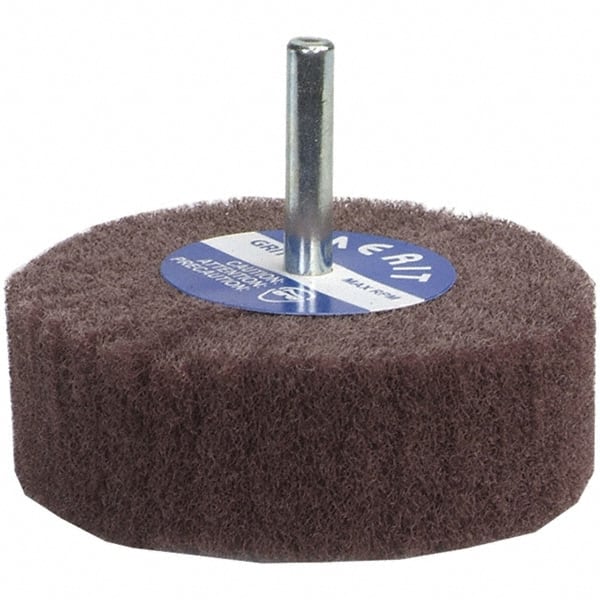 Merit Abrasives - 2" Diam x 1" Face Width, Very Fine Aluminum Oxide Nonwoven Mounted Flap Wheel - 1/4" Shank Mount, 12,000 Max RPM - Exact Tooling