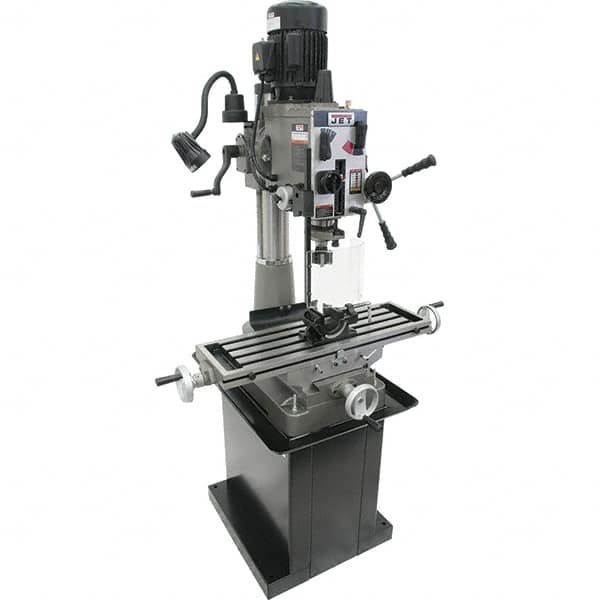 Jet - 1 Phase, 20-1/2" Swing, Geared Head Mill Drill Combination - 32-1/4" Table Length x 9-1/2" Table Width, 20-1/2" Longitudinal Travel, 8-1/4" Cross Travel, 6 Spindle Speeds, 1.5 hp, 115/230 Volts - Exact Tooling