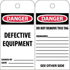 NMC - 6" High x 3" Long, DANGER - DEFECTIVE EQUIPMENT, English Safety & Facility Accident Prevention Tag - Tag Header: Danger, 2 Sides, White Poly - Exact Tooling