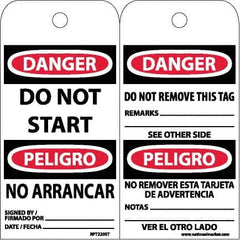NMC - 6" High x 3" Long, DANGER - DO NOT START, English & Spanish Safety & Facility Accident Prevention Tag - Tag Header: Danger, 2 Sides, White Poly - Exact Tooling