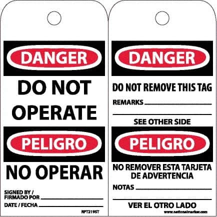 NMC - 6" High x 3" Long, DANGER - DO NOT OPERATE, English & Spanish Safety & Facility Accident Prevention Tag - Tag Header: Danger, 2 Sides, White Poly - Exact Tooling