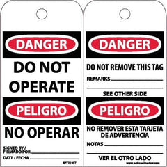 NMC - 6" High x 3" Long, DANGER - DO NOT OPERATE, English & Spanish Safety & Facility Accident Prevention Tag - Tag Header: Danger, 2 Sides, White Poly - Exact Tooling