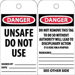 NMC - 6" High x 3" Long, DANGER - UNSAFE DO NOT USE, English Safety & Facility Accident Prevention Tag - Tag Header: Danger, 2 Sides, White Poly - Exact Tooling