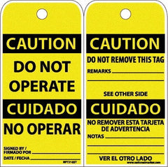NMC - 6" High x 3" Long, CAUTION - DO NOT OPERATE, English & Spanish Safety & Facility Accident Prevention Tag - Tag Header: CAUTION, 2 Sides, White Poly - Exact Tooling