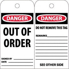 NMC - 4" High x 8" Long, DANGER - OUT OF ORDER, English Safety & Facility Accident Prevention Tag - Tag Header: Danger, 2 Sides, White Poly - Exact Tooling