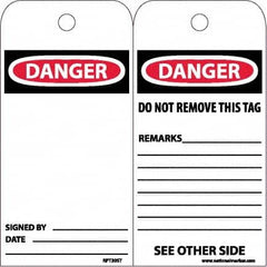 NMC - 4" High x 8" Long, DANGER, English Safety & Facility Accident Prevention Tag - Tag Header: Danger, 2 Sides, White Poly - Exact Tooling