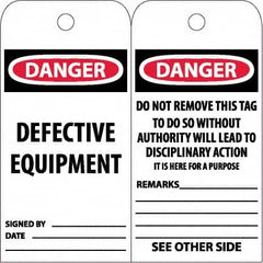 NMC - 6" High x 3" Long, DANGER - DEFECTIVE EQUIPMENT, English Safety & Facility Accident Prevention Tag - Tag Header: Danger, 2 Sides, White Poly - Exact Tooling