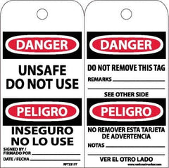 NMC - 6" High x 3" Long, DANGER - UNSAFE DO NOT USE, English & Spanish Safety & Facility Accident Prevention Tag - Tag Header: Danger, 2 Sides, White Poly - Exact Tooling