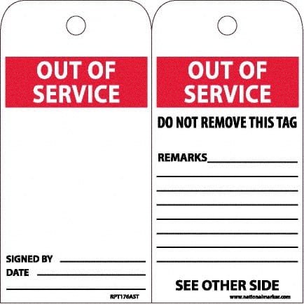 NMC - 6" High x 3" Long, OUT OF SERVICE, English Safety & Facility Accident Prevention Tag - 2 Sides, White Synthetic Paper - Exact Tooling