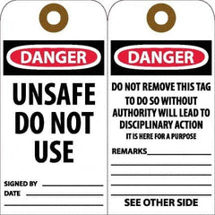 NMC - 6" High x 3" Long, DANGER - UNSAFE DO NOT USE, English Safety & Facility Accident Prevention Tag - Tag Header: Danger, 2 Sides, White Unrippable Vinyl - Exact Tooling