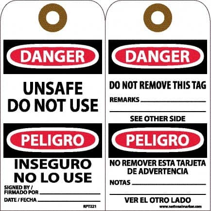 NMC - 6" High x 3" Long, DANGER - UNSAFE DO NOT USE, English & Spanish Safety & Facility Accident Prevention Tag - Tag Header: Danger, 2 Sides, White Unrippable Vinyl - Exact Tooling