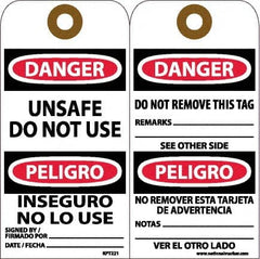 NMC - 6" High x 3" Long, DANGER - UNSAFE DO NOT USE, English & Spanish Safety & Facility Accident Prevention Tag - Tag Header: Danger, 2 Sides, White Unrippable Vinyl - Exact Tooling