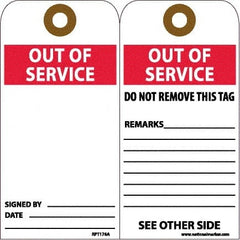 NMC - 6" High x 3" Long, OUT OF SERVICE, English Safety & Facility Accident Prevention Tag - 2 Sides, White Unrippable Vinyl - Exact Tooling