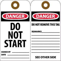NMC - 6" High x 3" Long, DANGER - DO NOT START, English Safety & Facility Accident Prevention Tag - Tag Header: Danger, 2 Sides, White Unrippable Vinyl - Exact Tooling