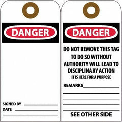NMC - 6" High x 3" Long, DANGER, English Safety & Facility Accident Prevention Tag - Tag Header: Danger, 2 Sides, White Unrippable Vinyl - Exact Tooling