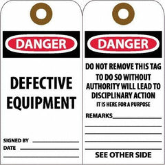 NMC - 6" High x 3" Long, DANGER - DEFECTIVE EQUIPMENT, English Safety & Facility Accident Prevention Tag - Tag Header: Danger, 2 Sides, White Unrippable Vinyl - Exact Tooling
