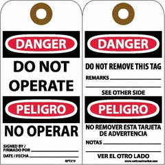 NMC - 6" High x 3" Long, DANGER - DO NOT OPERATE, English & Spanish Safety & Facility Accident Prevention Tag - Tag Header: Danger, 2 Sides, White Unrippable Vinyl - Exact Tooling