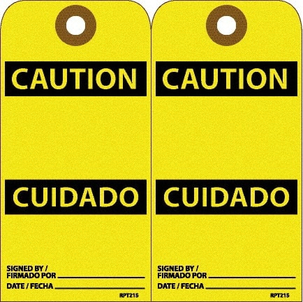 NMC - 6" High x 3" Long, CAUTION, English & Spanish Safety & Facility Accident Prevention Tag - Tag Header: CAUTION, 2 Sides, White Unrippable Vinyl - Exact Tooling