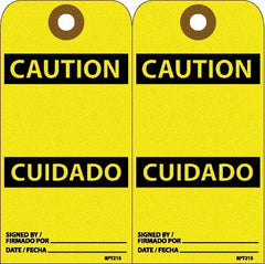 NMC - 6" High x 3" Long, CAUTION, English & Spanish Safety & Facility Accident Prevention Tag - Tag Header: CAUTION, 2 Sides, White Unrippable Vinyl - Exact Tooling