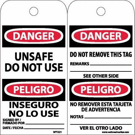 NMC - 6" High x 3" Long, DANGER - UNSAFE DO NOT USE, English & Spanish Safety & Facility Accident Prevention Tag - Tag Header: Danger, 2 Sides, White Unrippable Vinyl - Exact Tooling
