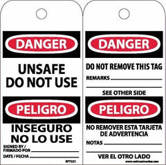 NMC - 6" High x 3" Long, DANGER - UNSAFE DO NOT USE, English & Spanish Safety & Facility Accident Prevention Tag - Tag Header: Danger, 2 Sides, White Unrippable Vinyl - Exact Tooling