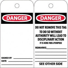 NMC - 6" High x 3" Long, DANGER, English Safety & Facility Accident Prevention Tag - Tag Header: Danger, 2 Sides, White Unrippable Vinyl - Exact Tooling