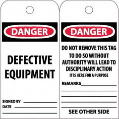 NMC - 6" High x 3" Long, DANGER - DEFECTIVE EQUIPMENT, English Safety & Facility Accident Prevention Tag - Tag Header: Danger, 2 Sides, White Unrippable Vinyl - Exact Tooling