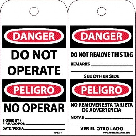 NMC - 6" High x 3" Long, DANGER - DO NOT OPERATE, English & Spanish Safety & Facility Accident Prevention Tag - Tag Header: Danger, 2 Sides, White Unrippable Vinyl - Exact Tooling