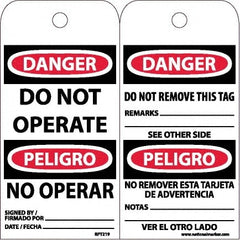 NMC - 6" High x 3" Long, DANGER - DO NOT OPERATE, English & Spanish Safety & Facility Accident Prevention Tag - Tag Header: Danger, 2 Sides, White Unrippable Vinyl - Exact Tooling