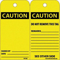 NMC - 6" High x 3" Long, CAUTION, English Safety & Facility Accident Prevention Tag - Tag Header: CAUTION, 2 Sides, White Unrippable Vinyl - Exact Tooling