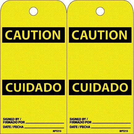 NMC - 6" High x 3" Long, CAUTION, English & Spanish Safety & Facility Accident Prevention Tag - Tag Header: CAUTION, 2 Sides, White Unrippable Vinyl - Exact Tooling