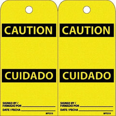 NMC - 6" High x 3" Long, CAUTION, English & Spanish Safety & Facility Accident Prevention Tag - Tag Header: CAUTION, 2 Sides, White Unrippable Vinyl - Exact Tooling