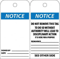NMC - 6" High x 3" Long, Notice, English Safety & Facility Accident Prevention Tag - Tag Header: Notice, 2 Sides, White Poly - Exact Tooling