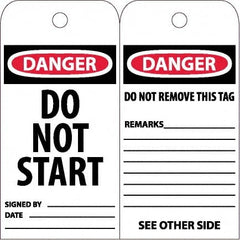 NMC - 6" High x 3" Long, DANGER - DO NOT START, English Safety & Facility Accident Prevention Tag - Tag Header: Danger, 2 Sides, White Unrippable Vinyl - Exact Tooling