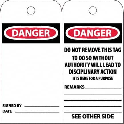 NMC - 6" High x 3" Long, DANGER, English Safety & Facility Accident Prevention Tag - Tag Header: Danger, 2 Sides, White Poly - Exact Tooling